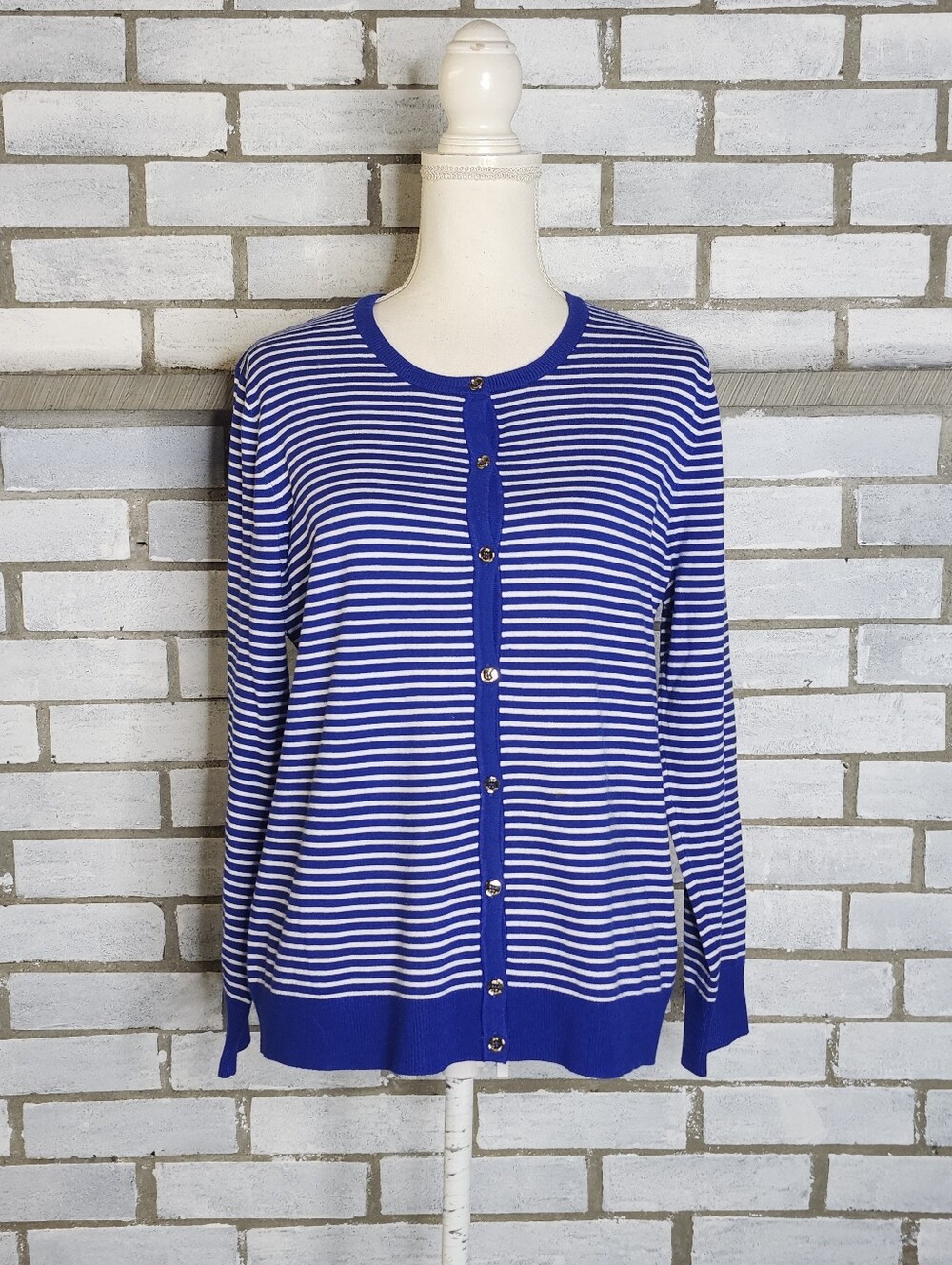 Jones New York Women's Long Sleeve Button Up Knit Cardigan Size XL Blue White - Picture 2 of 11